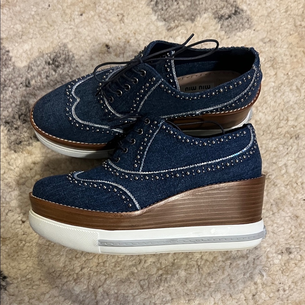 MIU MIU  Denim Platform Studded Oxfords